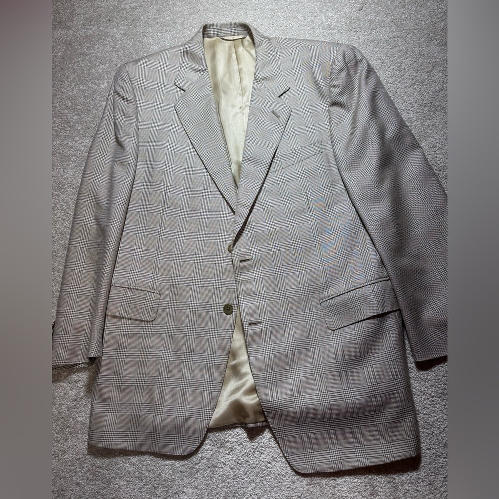 Canali Houndstooth Blazer Suit Jacket Silk Wool Blend Made In‎ Italy Tan Sz 54L